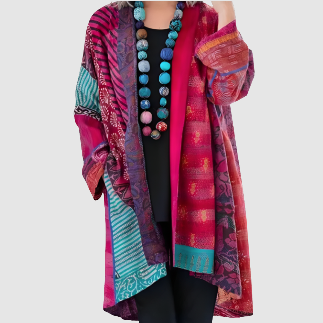 Bözsi patchwork mintás kardigán – közelről