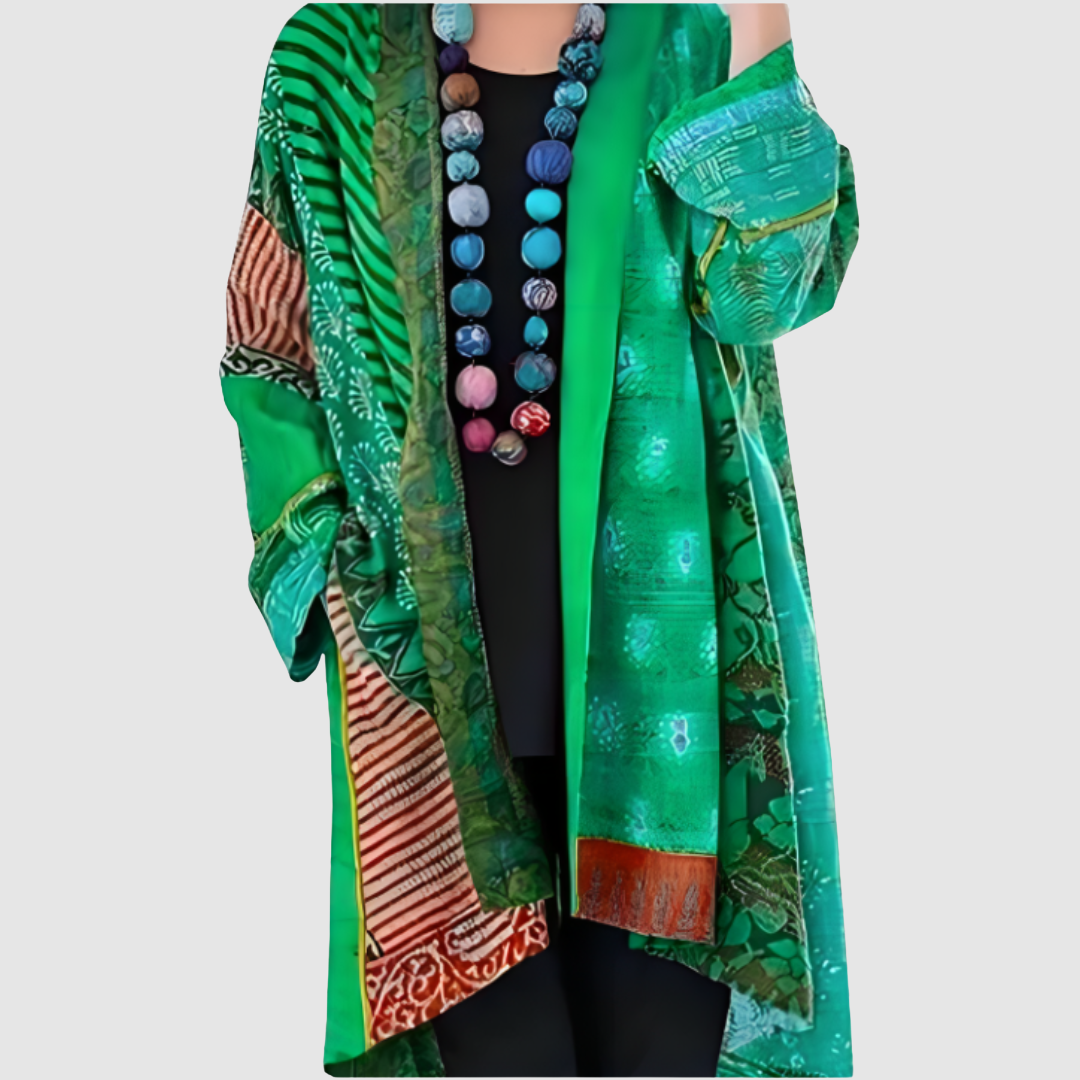 Bözsi patchwork mintás kardigán – teljes megjelenés